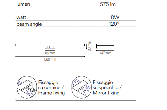 Applique da specchio con struttura in termoplastica led integrato e diffusore in acrilico con fissaggio su cornice o su specchio 8W 575lm 4000°k collezione RIVA Applique da specchio con struttura in termoplastica led integrato e diffusore in acrilico con fissaggio su cornice o su specchio 8W 575lm 4000°k collezione RIVA